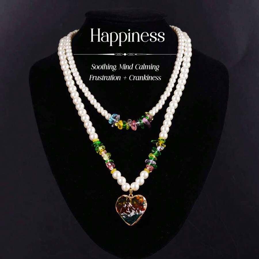 2pcs/Set Natural Crystal & Faux Pearl Double Layer Necklace, Symbolizing Hope And Optimism, Women's Jewelry Gift (Pendant Design/Shape Random)