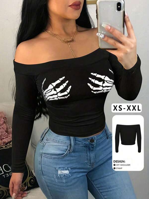 Top corto ajustado con hombros descubiertos y estampado de garra fantasma, moda de otoño, Halloween, ropa de otoño para mujer