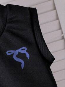 女孩秋季服装 - 极简针织背心开衫 + 蓝白条纹衬衫连衣裙套装，优雅蝴蝶印花学院风 - 藍白色 - 查看 10