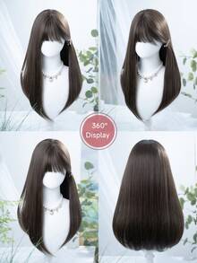 alicegarden 1 合成耐热假发，黑棕色长直发带刘海假发，24 英尺长，由纤维制成，适合日常使用，自然仿真假发 - 黑棕色 - 查看 5