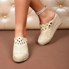 Breathable Laser Cut Closed Toe Lightweight Fashionable Espadrille Wedge Slide Sandals For Women - Beige - View 12
