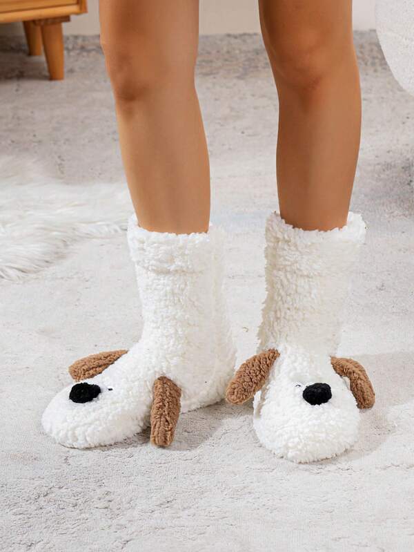 Women's Winter Mid-Calf Home Shoes, Non- Cold-Proof Lightweight Home Shoes, Cartoon Coral Fleece Fuzzy Slippers For Winter, Christmas Gift