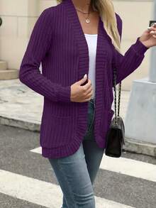 Fashionable Casual Ribbed Knit Cardigan Sweater - Purple - View 4