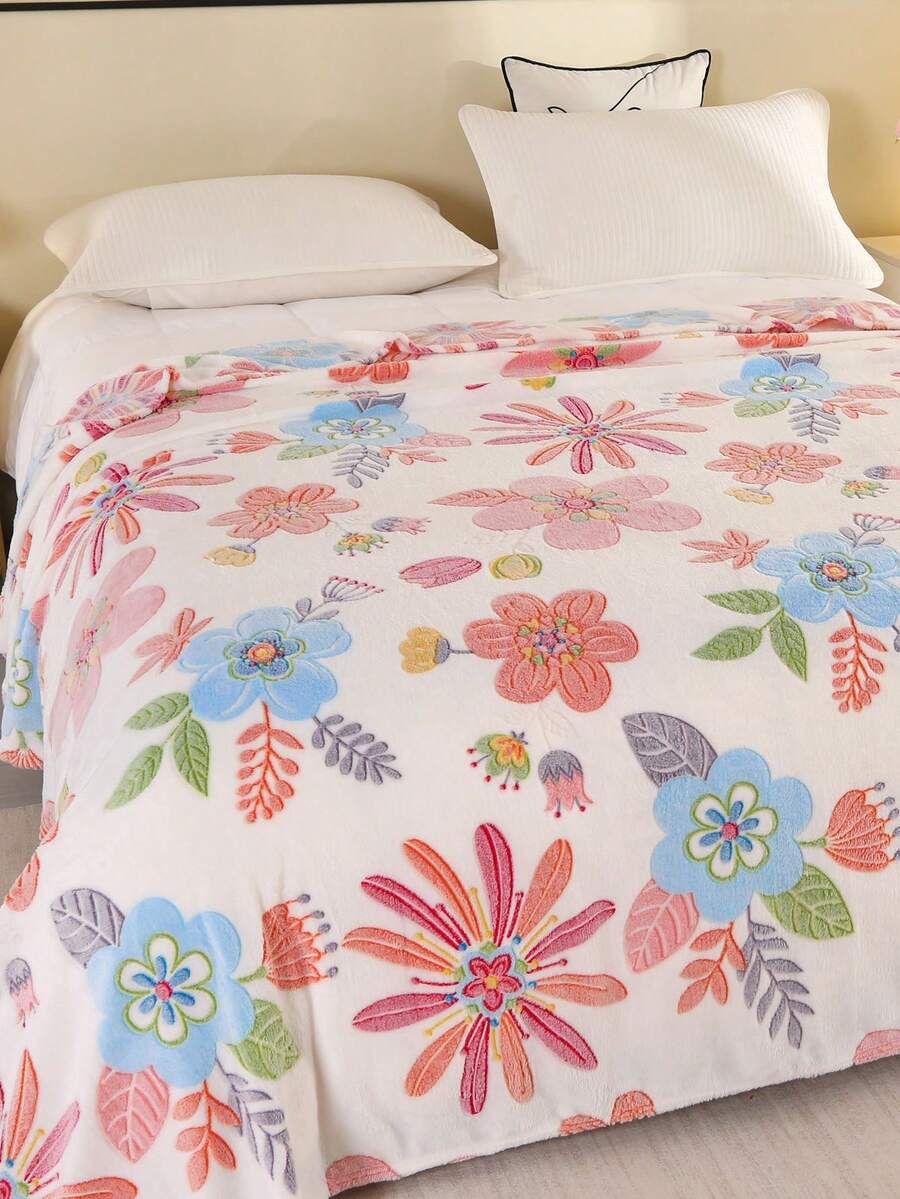 1pc Plush Floral Printed Blanket, Soft & Skin-Friendly, Multi-Size & Multi-Purpose, Suitable For Living Room, Sofa, Bedroom