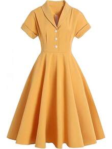 Women Vintage Cocktail Swing Dress, Midi Evening Dress, Rockabilly 50s 60s 1950shalloween - Ginger Yellow - 查看 9