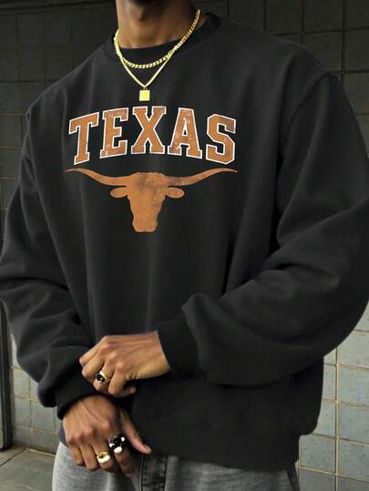 Men's Round Neck Casual Loose Comfortable Sweatshirt With Retro American Texas Longhorn Print, Hip Hop Street Style