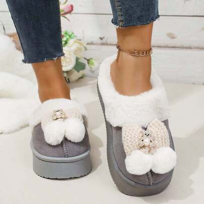 Pantuflas de casa de mujer con decoración de lazo, suela gruesa antideslizante y cálidas y esponjosas, modelo nuevo 2025