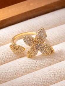 1 pieza Anillo abierto elegante y elegante con flor y hoja incrustadas de cobre y circonita cúbica, adecuado para fiestas, uso diario y como regalo - Estilo de flores y hojas - Ver 7