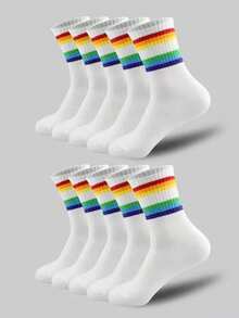 10 Pares de Meias Pretas e Brancas Arco-íris Femininas, Estilo Universitário, Adequadas para Campus e Uso Esportivo