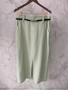 Midi Skirt With Belt High Waist Slit - Mint Green - View 5