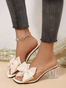 女士粗跟高跟凉鞋，蝴蝶花朵图案，时尚婚礼公主鞋 - 米色 - 查看 3