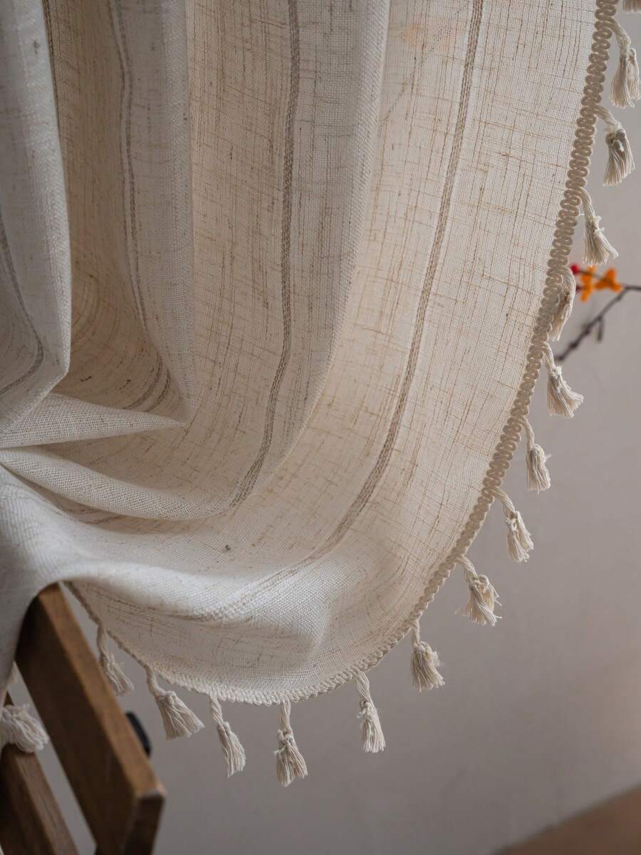 Bubaba 1 件亚麻纹理米色简约卧室窗帘，北欧现代手工刺绣流苏设计家居装饰窗帘，适用于卧室、厨房、餐厅、门、橱柜、窗户、节日装饰，四季皆宜 - 米色 - 查看 1