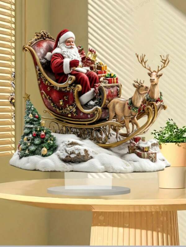 Santa Claus & Reindeer Sleigh 2D Acrylic Flat Decor - Best Christmas Desktop Decoration, Suitable For Home, Office And Cafe