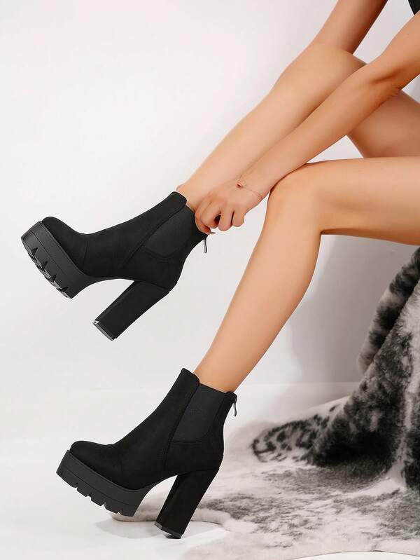 Thick Heel, Round Toe, High Heel, Waterproof Platform, Back Zipper, Elastic Band, Fashionable Women's Winter Boots