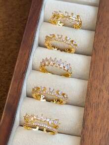 5 件套优雅奢华花卉、树叶、几何铜微镶嵌合成锆石戒指套装，适合度假、派对、婚礼、日常佩戴 - 金黃色 - 查看 3