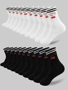 10 Pares de Meias Crew Femininas com Listras Pretas e Brancas e Estampa de Cereja, Adequadas para Esportes e Uso Diário