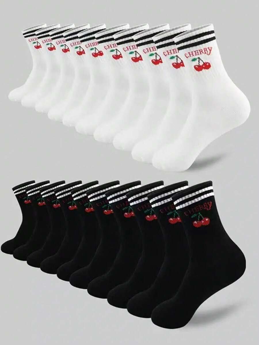 10 Pares de Meias Crew Femininas com Listras Pretas e Brancas e Estampa de Cereja, Adequadas para Esportes e Uso Diário