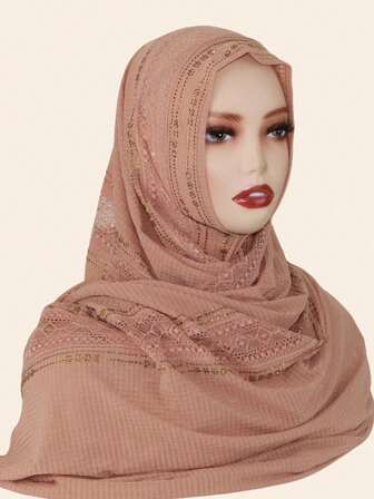 1 件女士针织提花弹力头巾，穆斯林面料长围巾，采用水钻工艺，马来西亚风格头巾