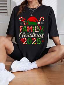 Cute Family Christmas 2025 Matching Group Outfit Xmas T-Shirt Christmas Graphic Tees 100%Cotton Round Neck T-Shirt Women Clothing Outfits For Women Tops For Women Black T-Shirt - màu đen - Xem 1