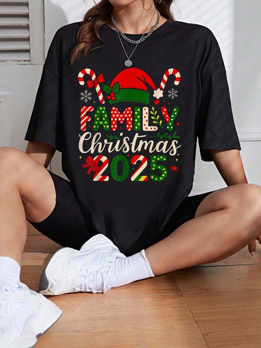 Cute Family Christmas 2025 Matching Group Outfit Xmas T-Shirt Christmas Graphic Tees 100%Cotton Round Neck T-Shirt Women Clothing Outfits For Women Tops For Women Black T-Shirt - màu đen - Xem 1
