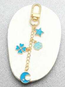1pc Alloy Starry Sky Theme, Enamel Craft (Blue Tone), Gold Metal Chain, Multi-Pendant (Clover, Star, Cloud, Crescent Moon), Rhinestone Decor, Luxurious Sweet Style, Bag Accessory, Wallet Charm, Bag Decoration & Accessory, Key Chain, Minimalist & Fresh, Suitable For Outings, Women's Gift, Gift For Girlfriend, Birthday Gift, Christmas Gift