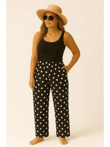Garter Belt Pants (Cold Knit) With Pocket And Elastic Waistband Cut And Sew All-Over Leaf Print Pocket Contrasted Waistband - 經典波爾卡圓點 - 查看 1