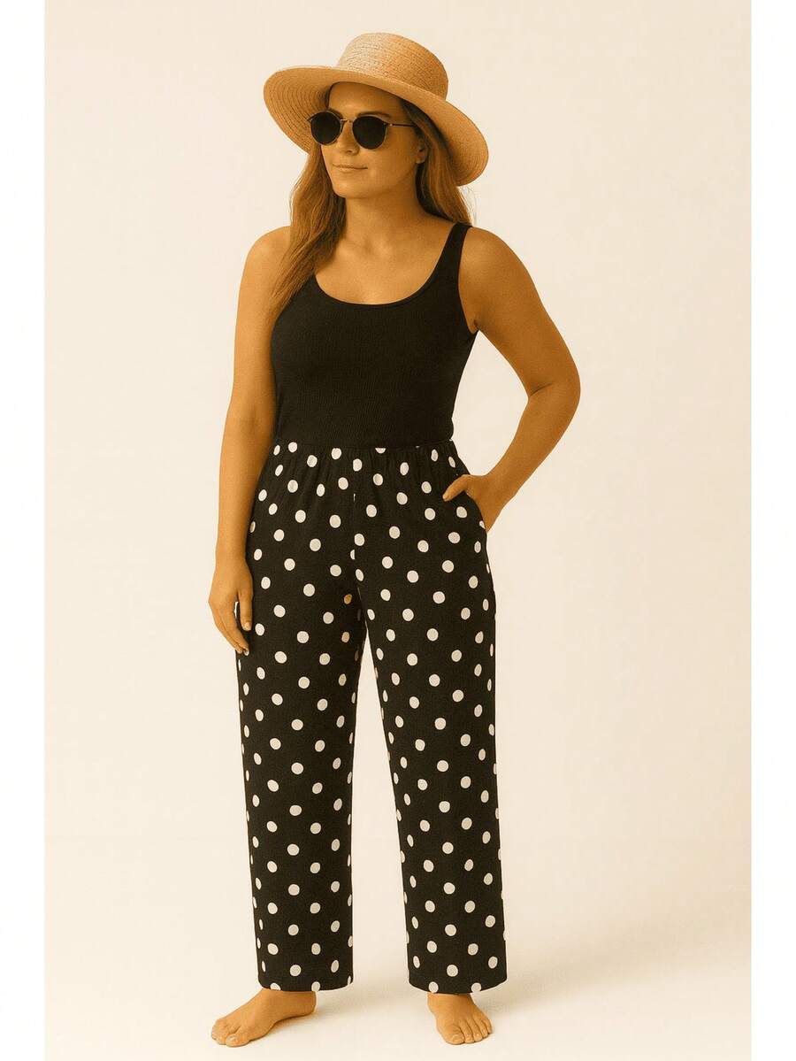 Garter Belt Pants (Cold Knit) With Pocket And Elastic Waistband Cut And Sew All-Over Leaf Print Pocket Contrasted Waistband - 經典波爾卡圓點 - 查看 1