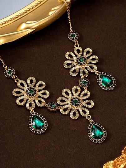 1pc Fashionable Vintage Elegant Luxurious Dark Green Glass Teardrop Floral Multi-Element Sparkling Rhinestone Oversized Statement Necklace
