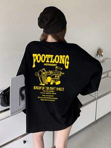 女式休闲宽松卡通热狗印花长袖圆领棉质T恤，灰色，秋季