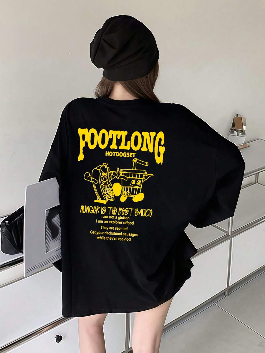 女式休闲宽松卡通热狗印花长袖圆领棉质T恤，灰色，秋季