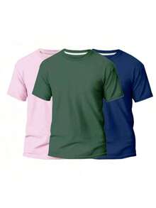 KIT 3 Basic Plain Men's T-Shirts 100% Cotton 30.1 - 淡粉紅色+綠色+海軍藍 - 查看 1