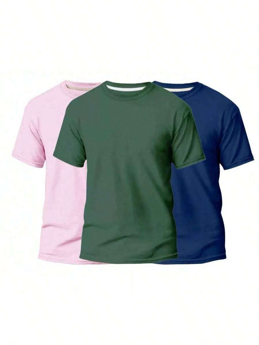 KIT 3 Basic Plain Men's T-Shirts 100% Cotton 30.1 - 淡粉紅色+綠色+海軍藍 - 查看 1