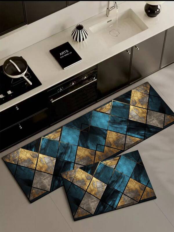 1 pezzo Tappetino da cucina in gel di silice con motivo geometrico astratto a patchwork, composto da varie forme geometriche (ad es. triangoli, rombi) nei colori blu, oro e grigio, presentando uno stile visivo moderno e strutturato, tappeto da cucina di lusso con imbottitura e anti-fatica
