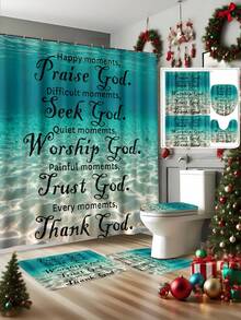 1pc/4pcs Blue Ocean Blessing Polyester Waterproof Shower Curtain With 12 Hooks, Bathroom Non-Slip Mat, U-Shaped Floor Mat And Round Toilet Seat Cover, Comprehensive Bathroom Set Christmas Decor