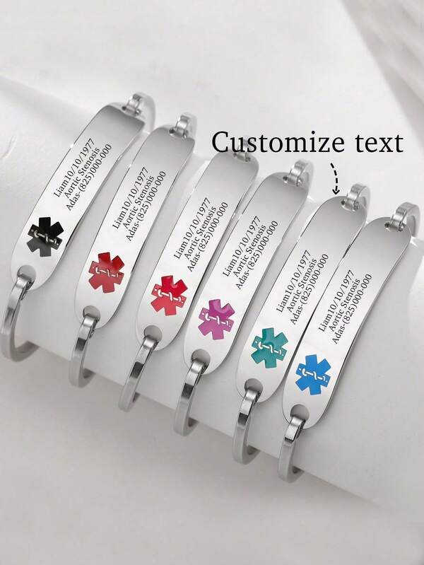 1 pulseira de alerta médico gravada a laser de aço inoxidável personalizável, presente diário feminino, prata, elegante, colorida, vintage, unissex, hipster, simples, casual, personalizada, única, presentes ideais para ele, presentes ideais para ela, namorado, namorada, pai, mãe, família, amigos, para aniversários, para aniversários, para formatura, para baile de formatura, para festa
