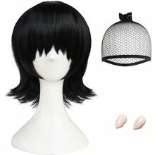 DShort Black Flip Wig +Hair Cap+2 Fangs Short Straight Black Bob Wig For Women 60s 70s 80s Party Wigs For Anime Movie Mavis Cosplay Costume For Halloween Christmas Themed Party Costume Outfit - Black - 查看 2