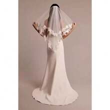 1 pieza Velo de novia de estilo vintage de doble capa, decoración de encaje y flores de alta gama para fotografía