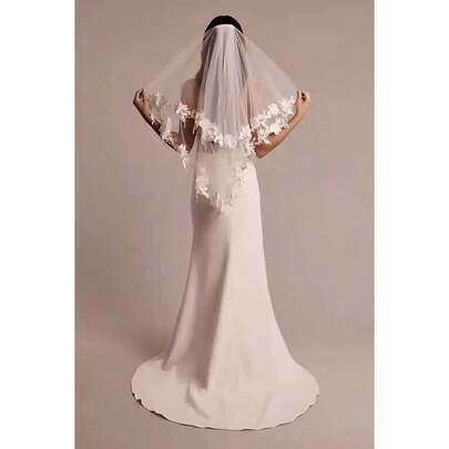 1 pieza Velo de novia de estilo vintage de doble capa, decoración de encaje y flores de alta gama para fotografía