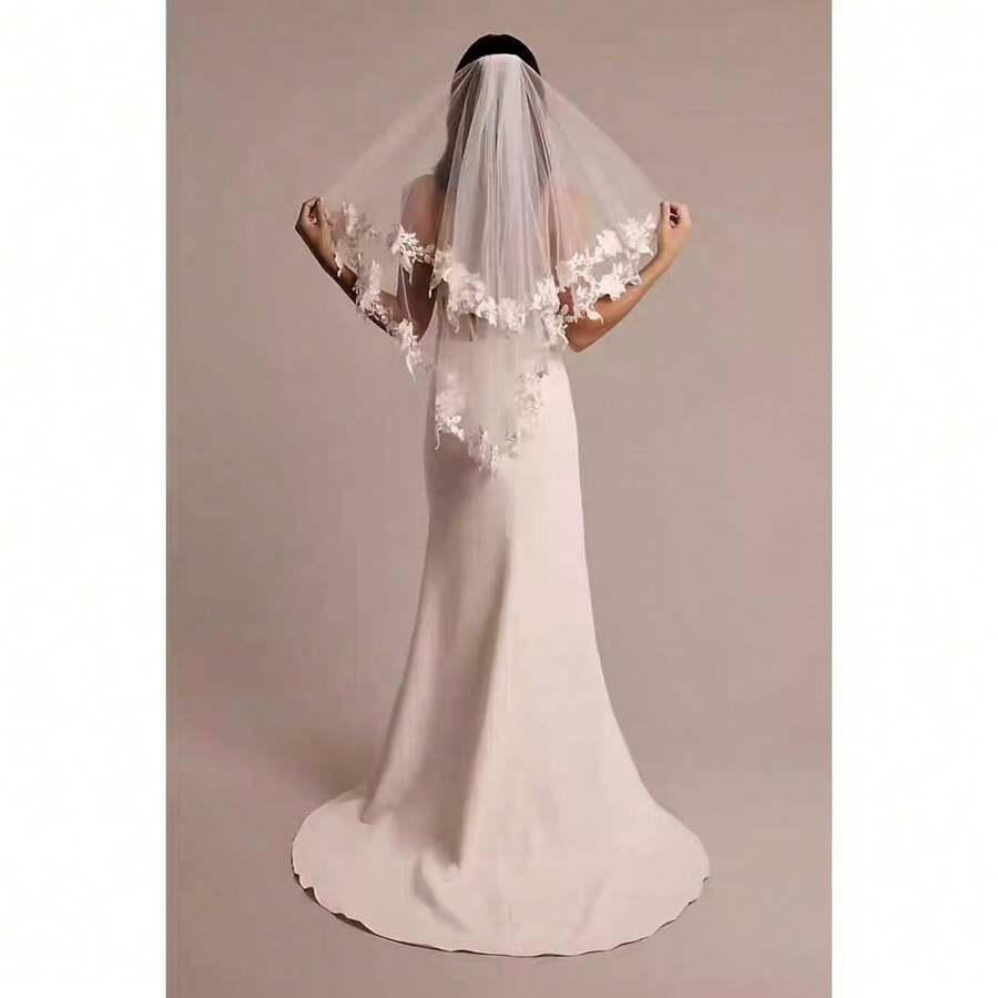 1 pieza Velo de novia de estilo vintage de doble capa, decoración de encaje y flores de alta gama para fotografía