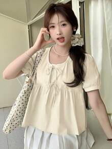 方领系腰短袖雪纺衬衫，凸显女性高端气质 - 杏色 - 查看 4