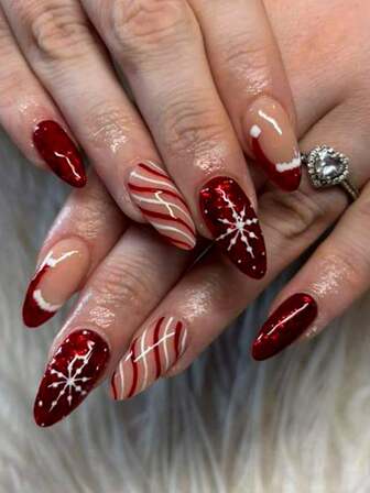 Christmas Nails, 24 Pieces Per Set Almond-Shaped French Tips With Christmas Hat Designs Candy Stripes And Snowflake Embossed Short Nails Wearable Nail Set Suitable For Sassy Girls, Office Ladies, Parties, Dates, Everyday Wear And Festive Occasions