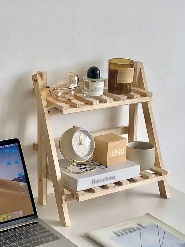 1pc INS Style Wooden 2-Tier Shelf, Niche Floral Bedroom Desk Storage Rack, Tabletop Cosmetic Organizer, Kitchen Cup & Jar Holder. Suitable For Kitchen, Living Room, Show House, Bedroom, Dessert Shop And Cafe