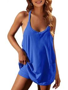 Women's Summer Sleeveless Mini Dress With Built-In Shorts - Kleinblue - View 12