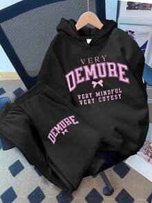 2PCS Girls Sweet - Cool Letter Hoodie Set, Soft Skin - Friendly, School Daily All - Season Wear