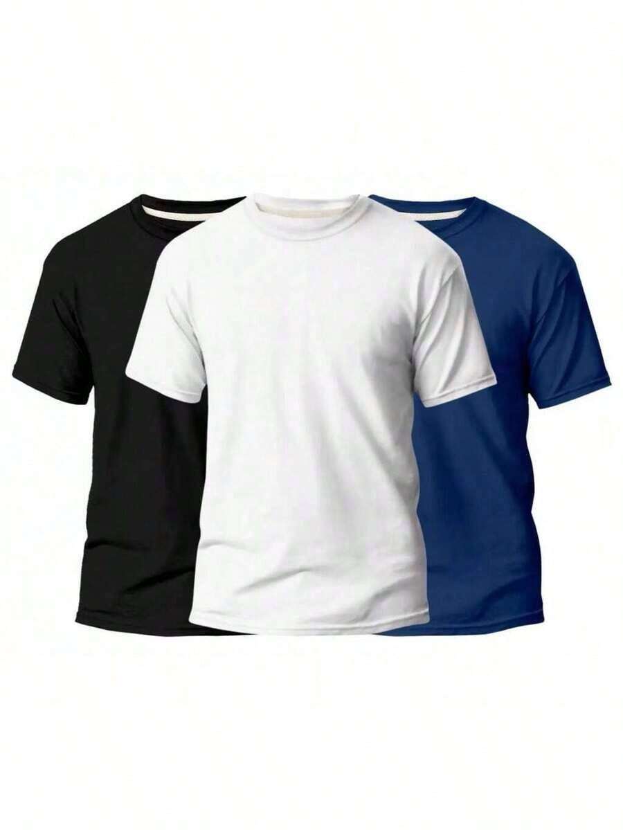 KIT 3 Basic Plain Men's T-Shirts 100% Cotton 30.1 - 白色+黑色+藏青色 - 查看 1