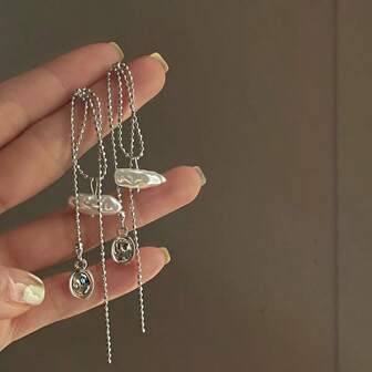 1 Pair Asymmetrical Faux Pearl Minimalist Silver Tassel Earrings