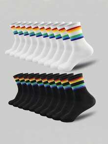 10 Pares de Meias Pretas e Brancas Arco-íris Femininas, Estilo Universitário, Adequadas para Campus e Uso Esportivo