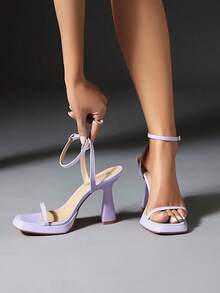 Reitoye Strappy Heels For Women Platform High Chunky Heels Square Open Toe Heeled Sandals Ankle Strap Block HeelsChristmas - Da rắn tím oải hương - Xem 10