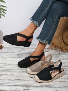 Breathable, Lightweight And Fashionable Rope Wedge Sandals With Closed Toe And Heel Design - All Black - View 6