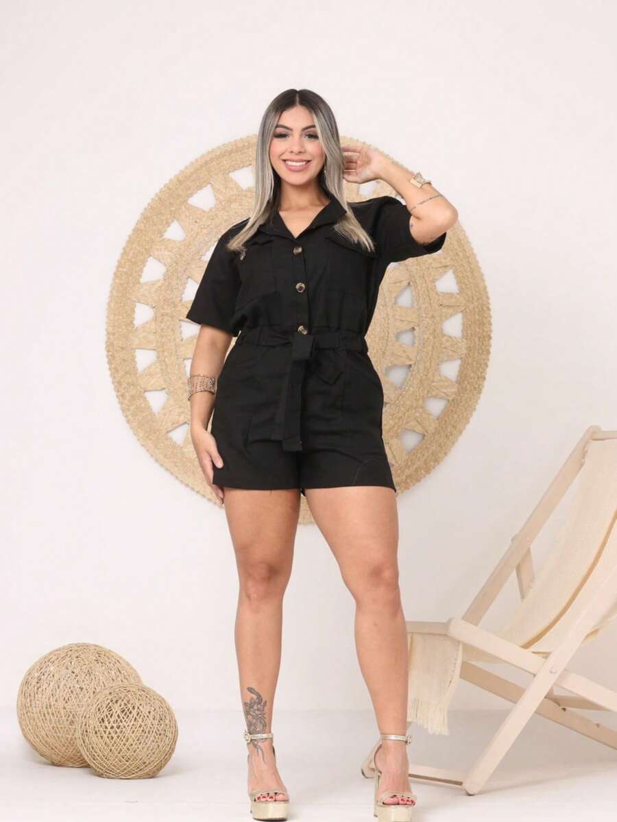 Short Elegant Linen Jumpsuit Luxury - 黑色 - 查看 1